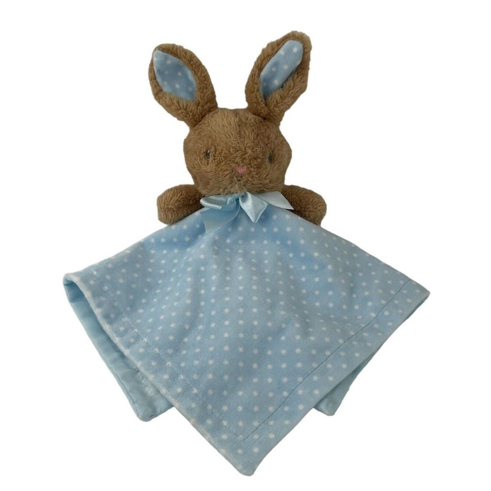 MTY International Blue Bunny Rabbit Lovey Rattle 13" Baby Security Blanket Dots‎